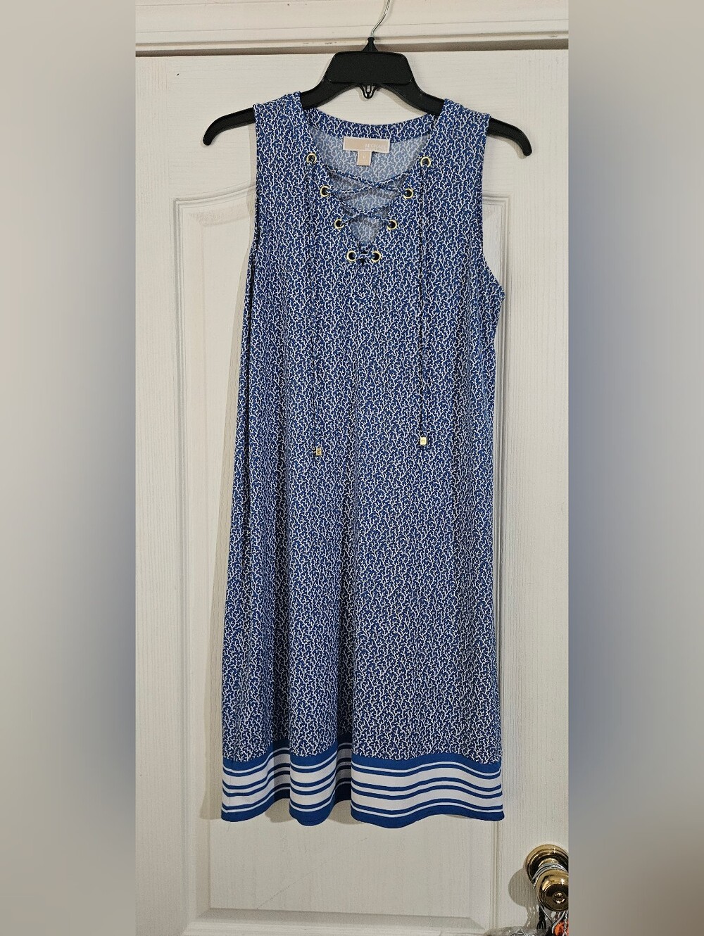 Michael Kors Sleeveless Blue Lace-Up Patterned Midi Dress